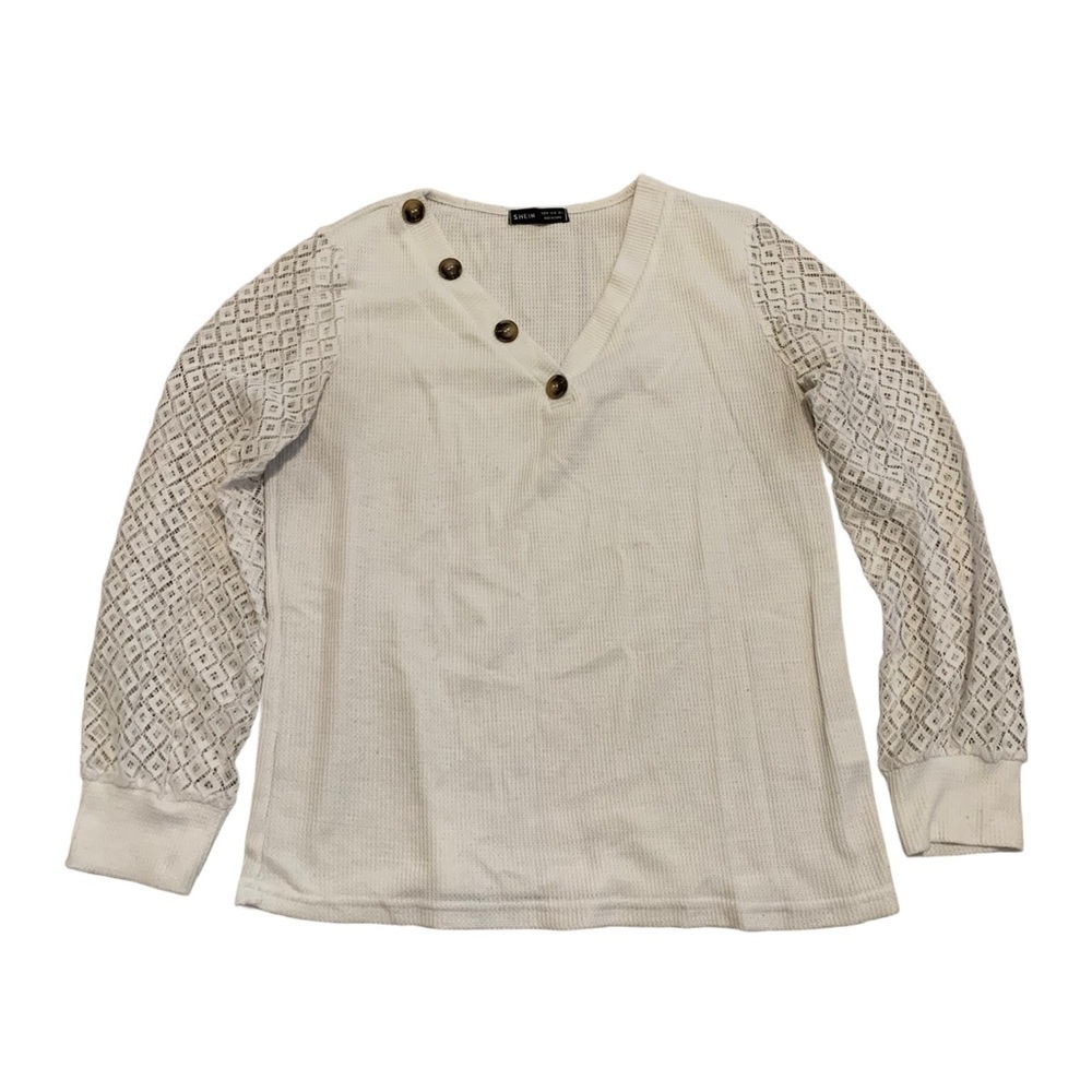 💜 SHEIN Waffle Knit Henley Top with Lace Sleeves size M